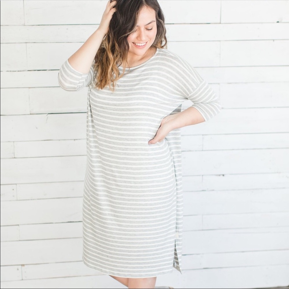 Grey White Striped Casual Dress - Picture 1 of 8